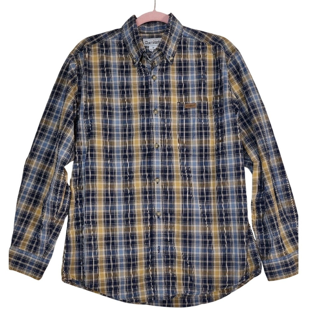 Carhartt Mens Medium Button Down Plaid Long Sleeve Shirt Cotton Leather Logo NEW